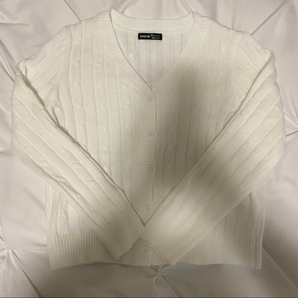 white cable knit button up cardigan